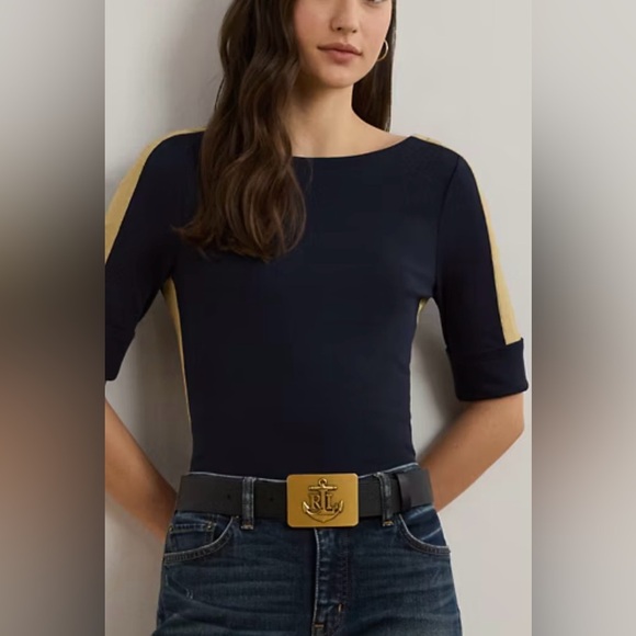 Ralph Lauren Women’s Two-Tone Stretch Cotton Elbow-Sleeve Tee Navy Blue Gold NWT - Picture 4 of 15